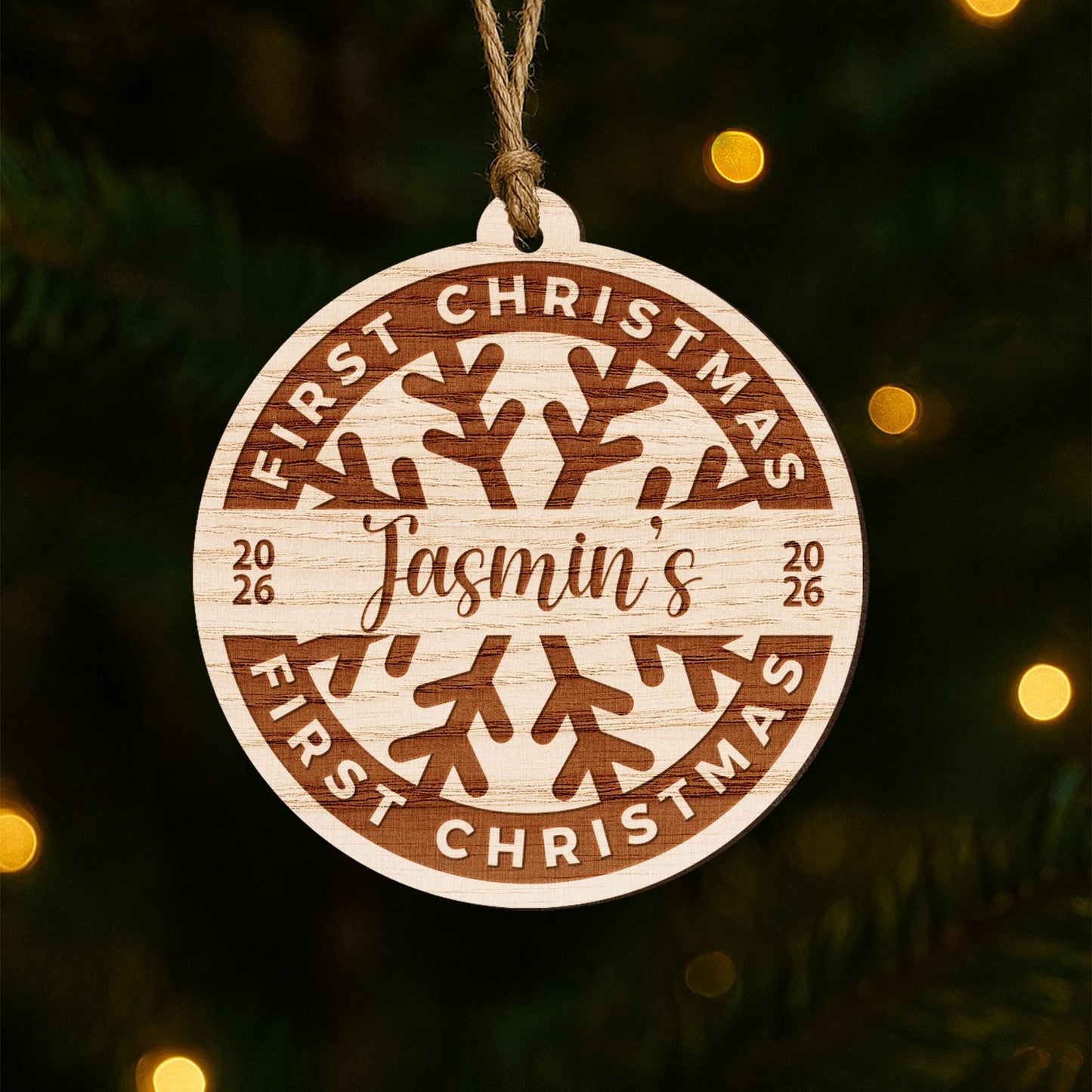 Personalised Babys First Christmas Wooden Bauble  Snowflake: Engraved Name & Year Ornament | Custom Babys 1st Xmas Decoration Gift