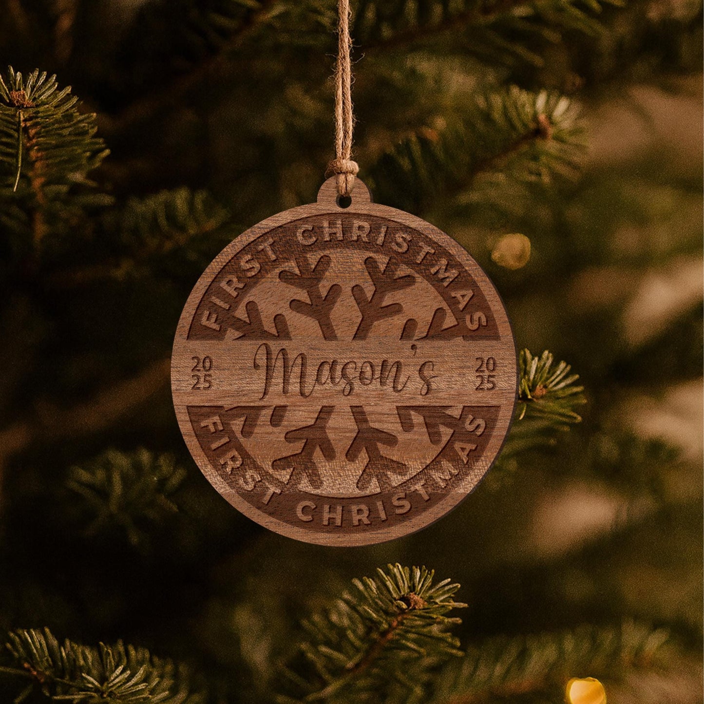 Personalised Babys First Christmas Wooden Bauble  Snowflake: Engraved Name & Year Ornament | Custom Babys 1st Xmas Decoration Gift