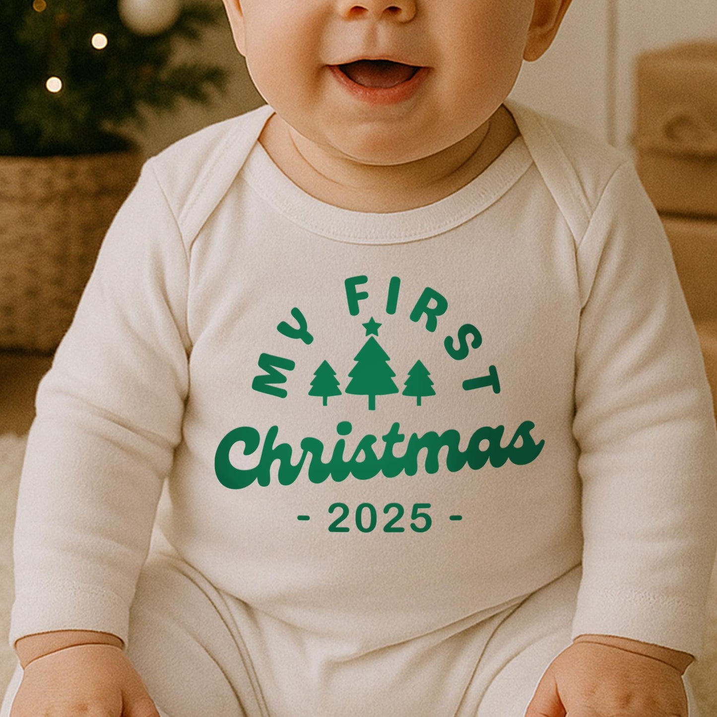 Personalised My First Christmas Iron On Transfer   3 Trees: Baby Bodysuit Vinyl Decal | Custom Year Iron On for Baby Grow, Bib or Sleepsuit