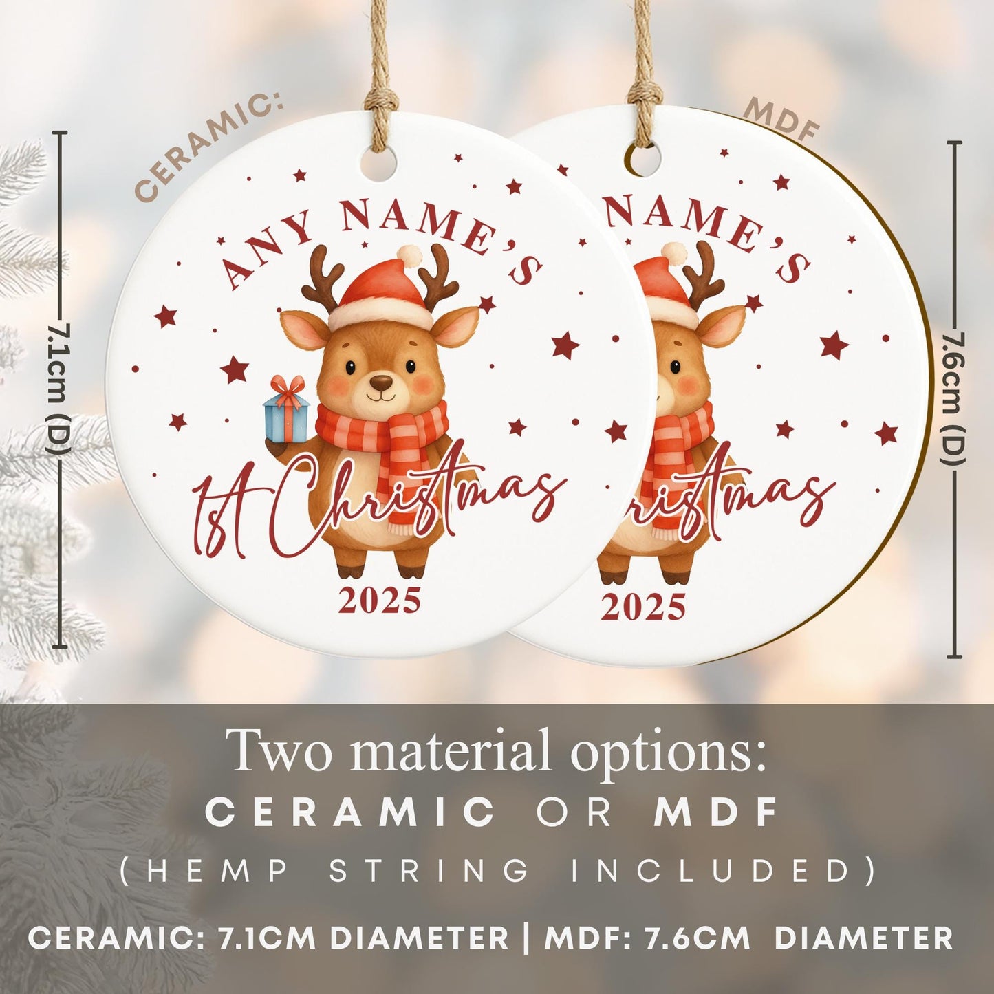 Personalised Babys 1st Christmas Bauble | Custom Name Christmas Tree Ornament | New Baby Gift | Reindeer