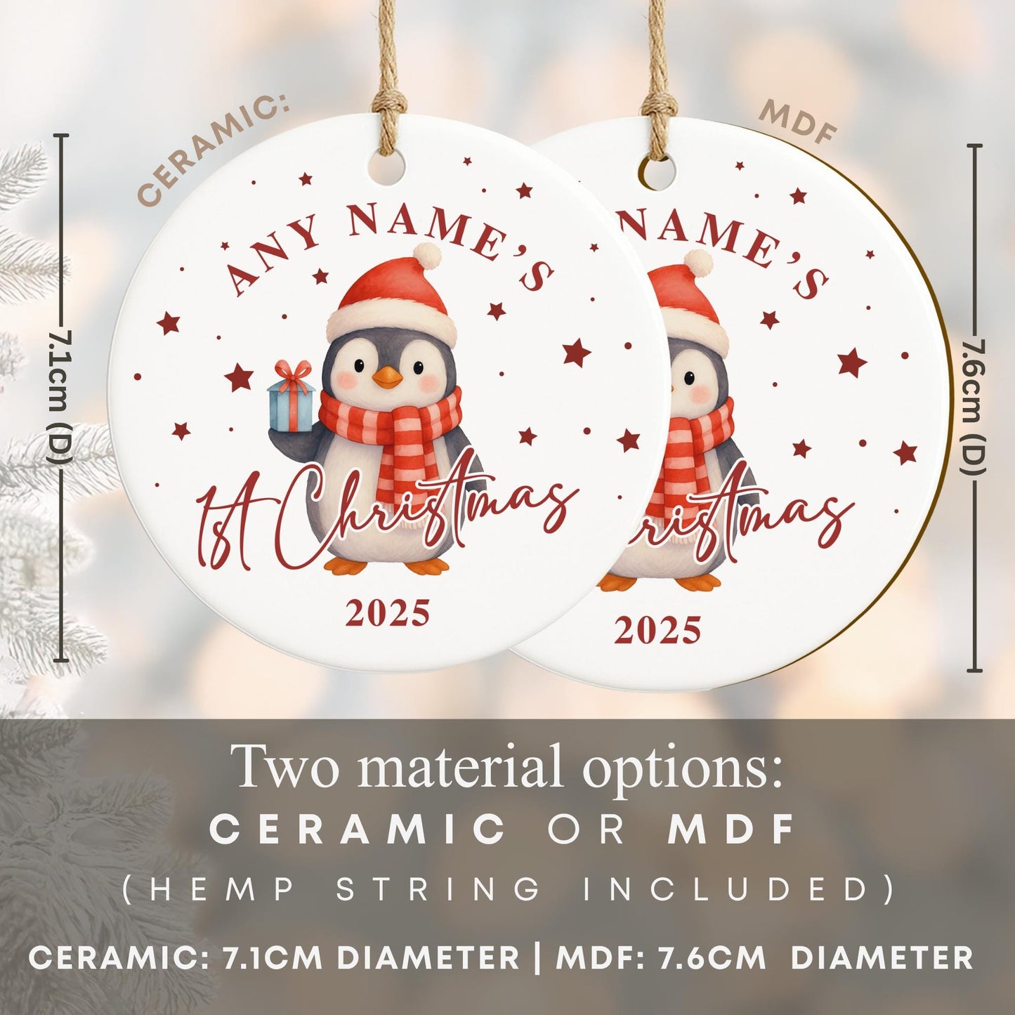 Personalised Babys 1st Christmas Ornament | Custom Name Christmas Tree Bauble | New Baby Gift | Penguin