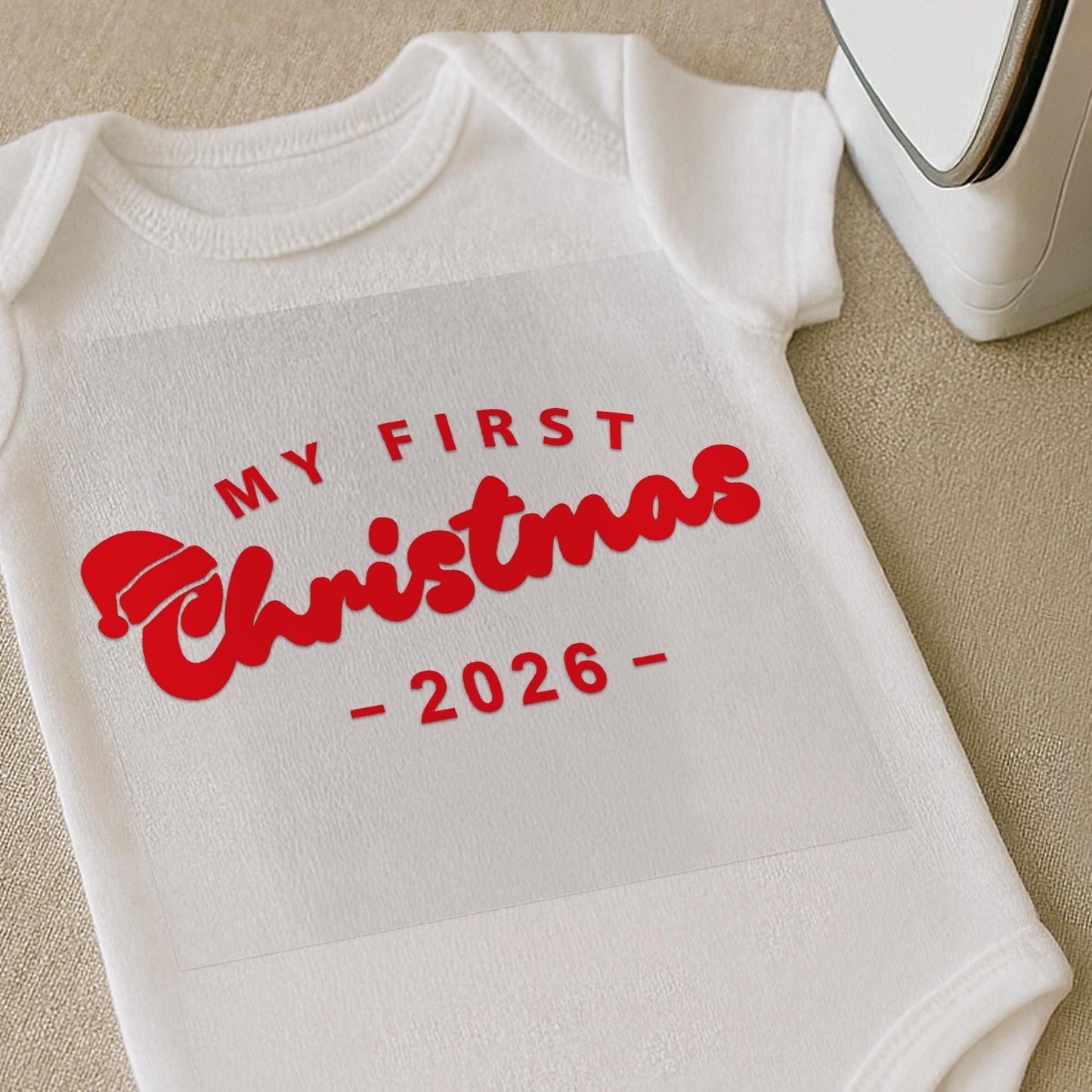Personalised My First Christmas Iron On Transfer  Retro Script & Santa Hat | Baby Grow DIY Vinyl Decal | Custom Year First Christmas Outfit