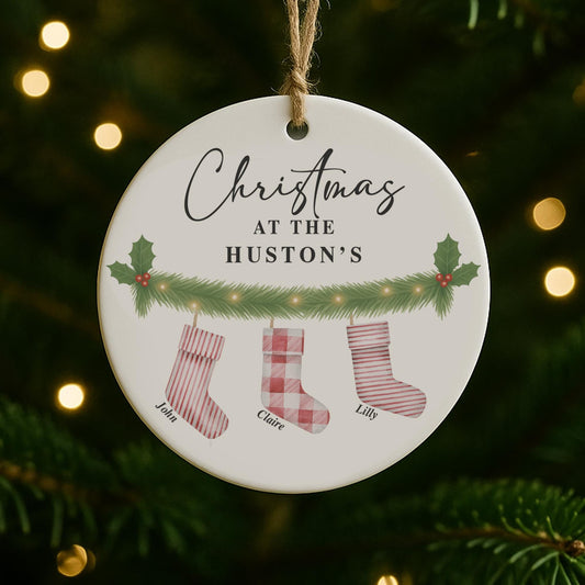Personalised Family Christmas Bauble | Christmas at the Surnames Ornament | Custom Names Tree Decoration