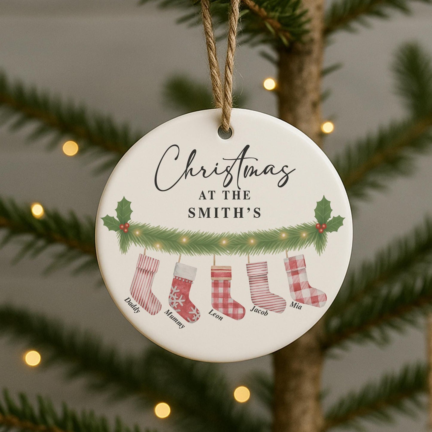 Personalised Family Christmas Bauble | Christmas at the Surnames Ornament | Custom Names Tree Decoration