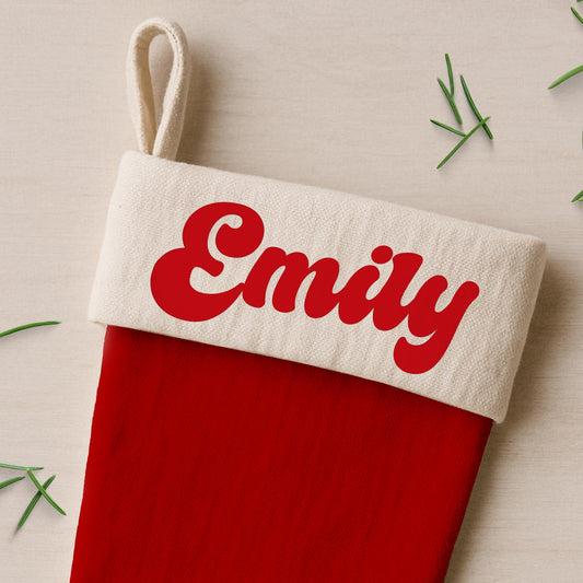 Personalised Christmas Name Iron On Sticker  Font 1 | Festive Retro Custom Heat Transfer Vinyl for Christmas Stockings, Santa Sacks & Gifts