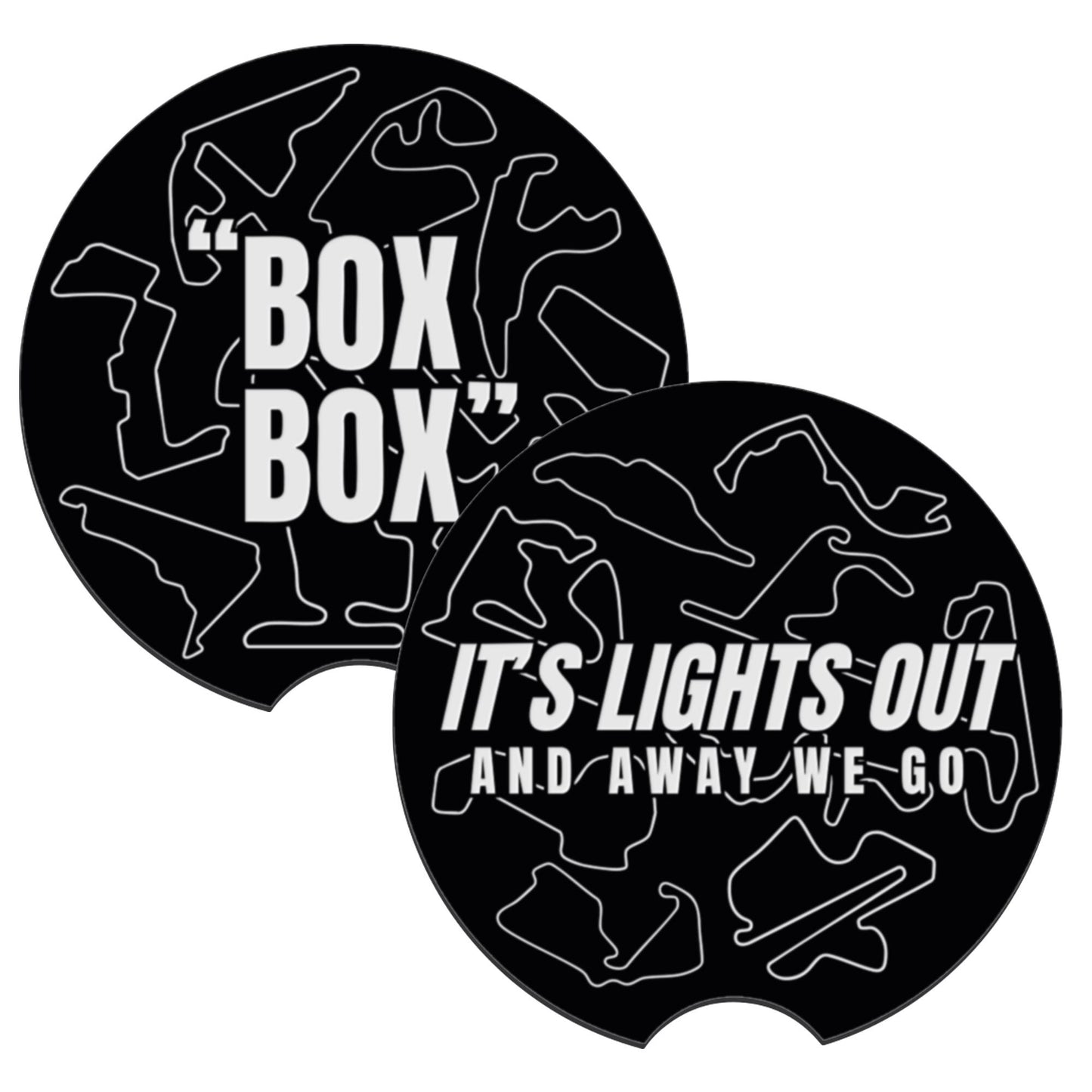 F1 Track Car Coasters Set for Cup Holders | Box Box & Lights Out | Formula 1 Gift