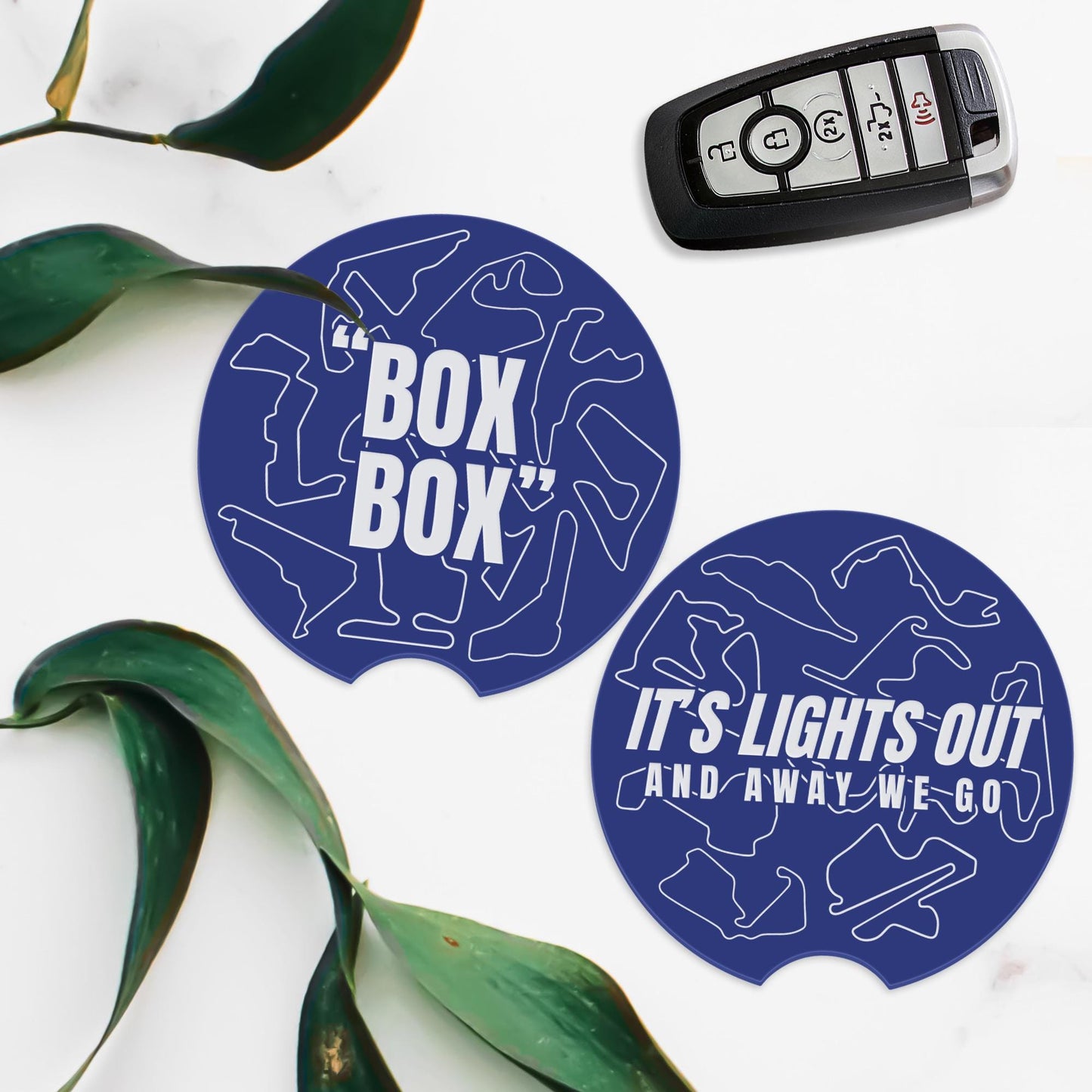 F1 Track Car Coasters Set for Cup Holders | Box Box & Lights Out | Formula 1 Gift