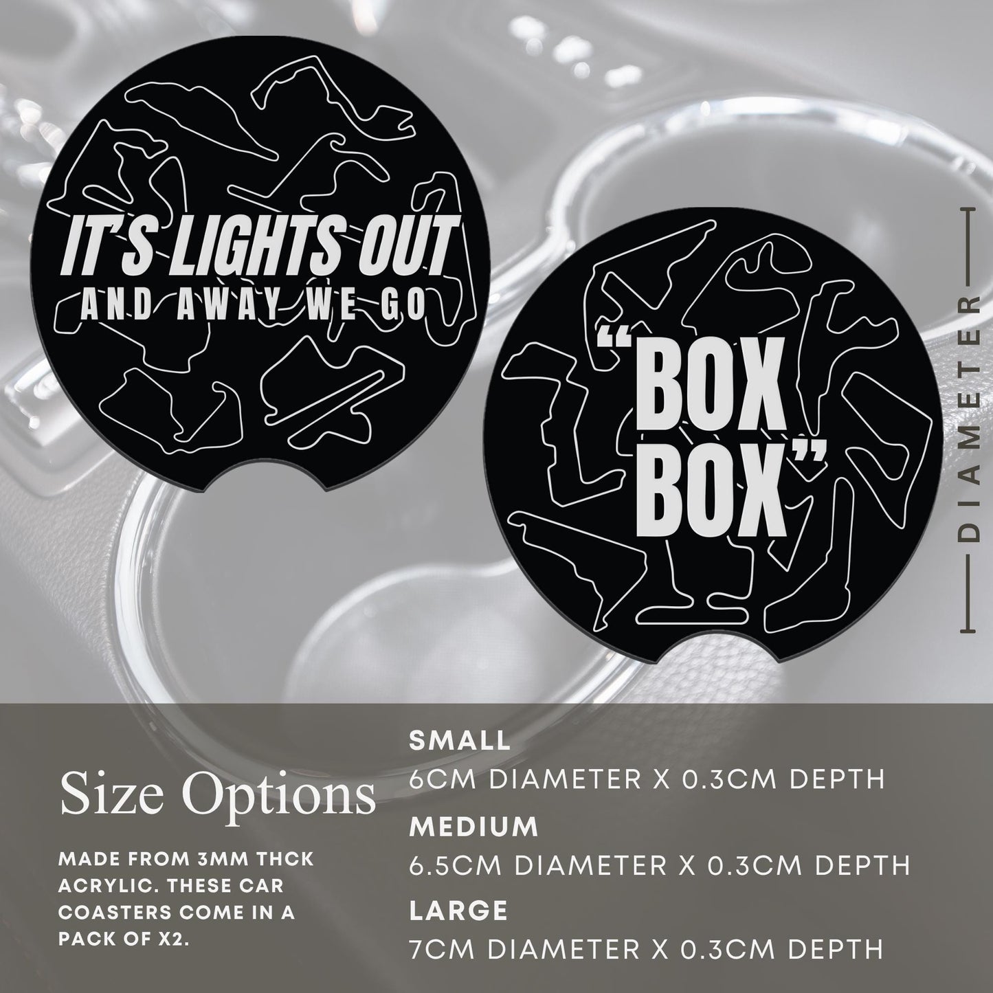 F1 Track Car Coasters Set for Cup Holders | Box Box & Lights Out | Formula 1 Gift