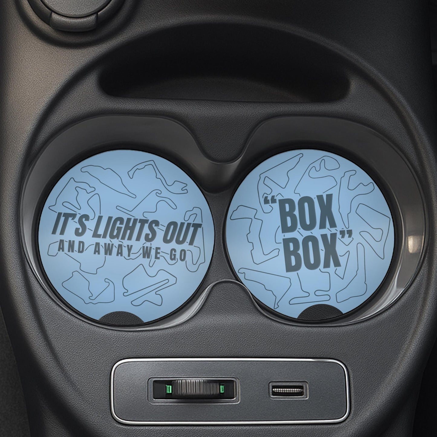 F1 Track Car Coasters Set for Cup Holders | Box Box & Lights Out | Formula 1 Gift