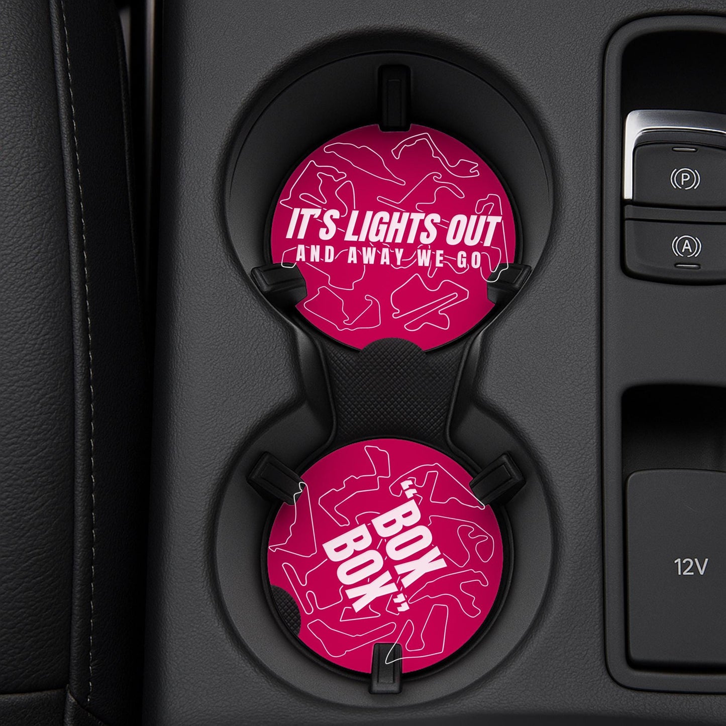 F1 Track Car Coasters Set for Cup Holders | Box Box & Lights Out | Formula 1 Gift