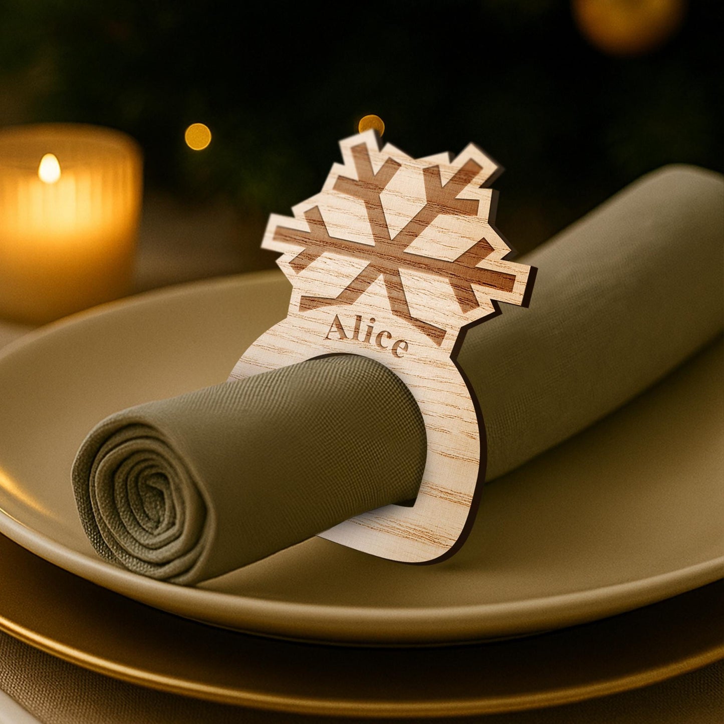 Personalised Wooden Snowflake Napkin Ring  Custom Name Engraved Place Setting, Winter or Christmas Table Decoration, Festive Tableware