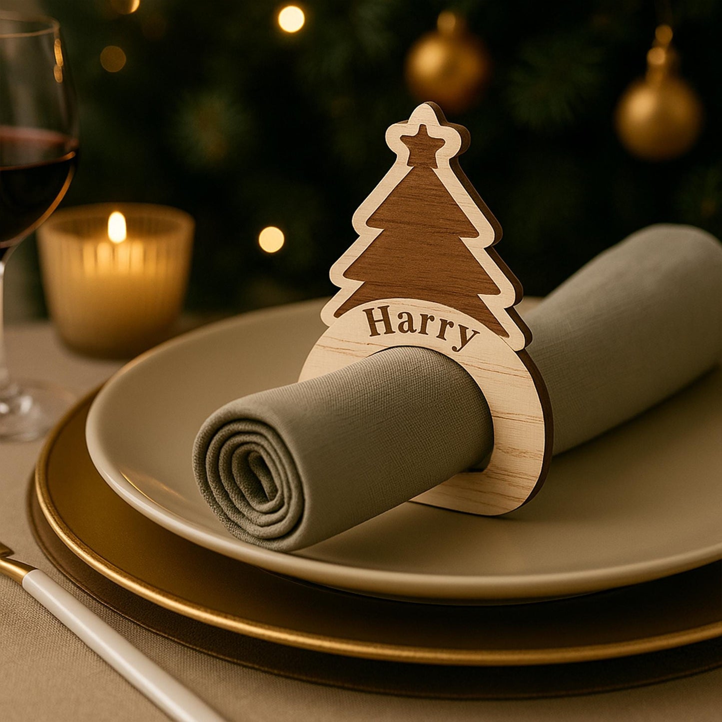 Personalised Wooden Christmas Tree Napkin Ring  Engraved Name Place Setting, Rustic Festive Table Decoration, Wooden Christmas Tableware