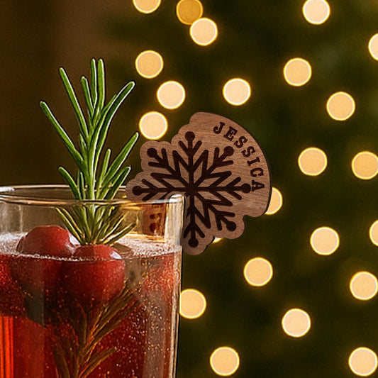 Personalised Snowflake Drink Tag  Custom Christmas Glass Tag | Wooden Name Marker for Glasses | Reusable Party Table Decoration