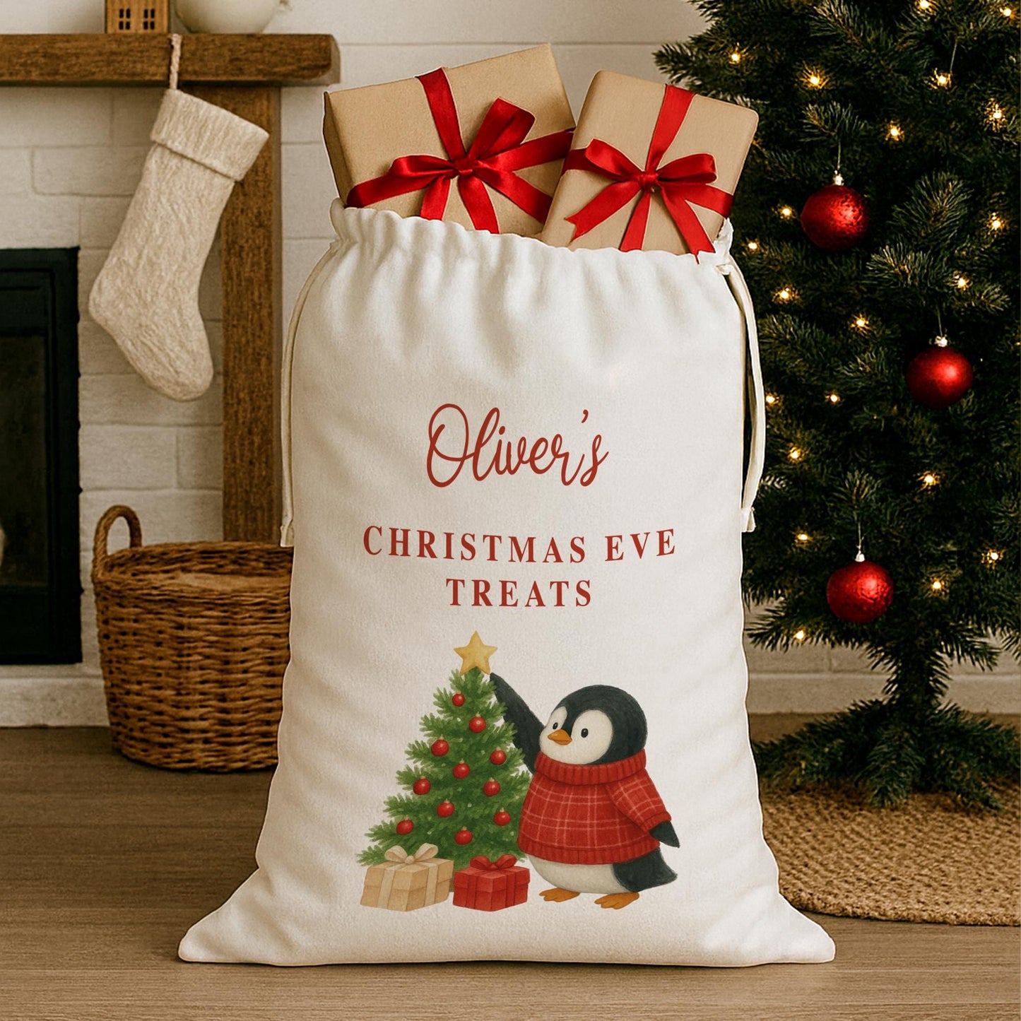 Personalised Christmas Eve Sack | Penguin Christmas Gift Bag with Custom Name