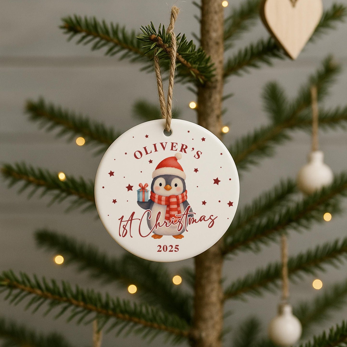 Personalised Babys 1st Christmas Ornament | Custom Name Christmas Tree Bauble | New Baby Gift | Penguin