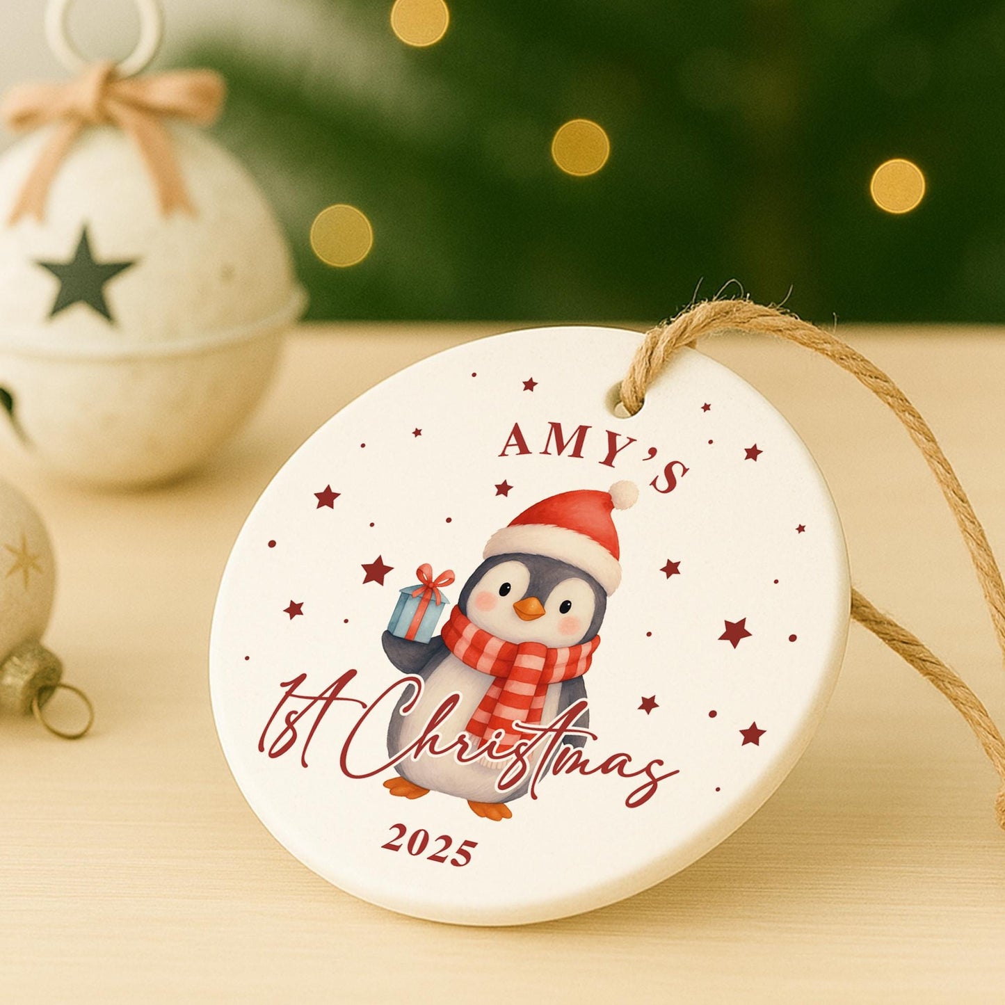Personalised Babys 1st Christmas Ornament | Custom Name Christmas Tree Bauble | New Baby Gift | Penguin