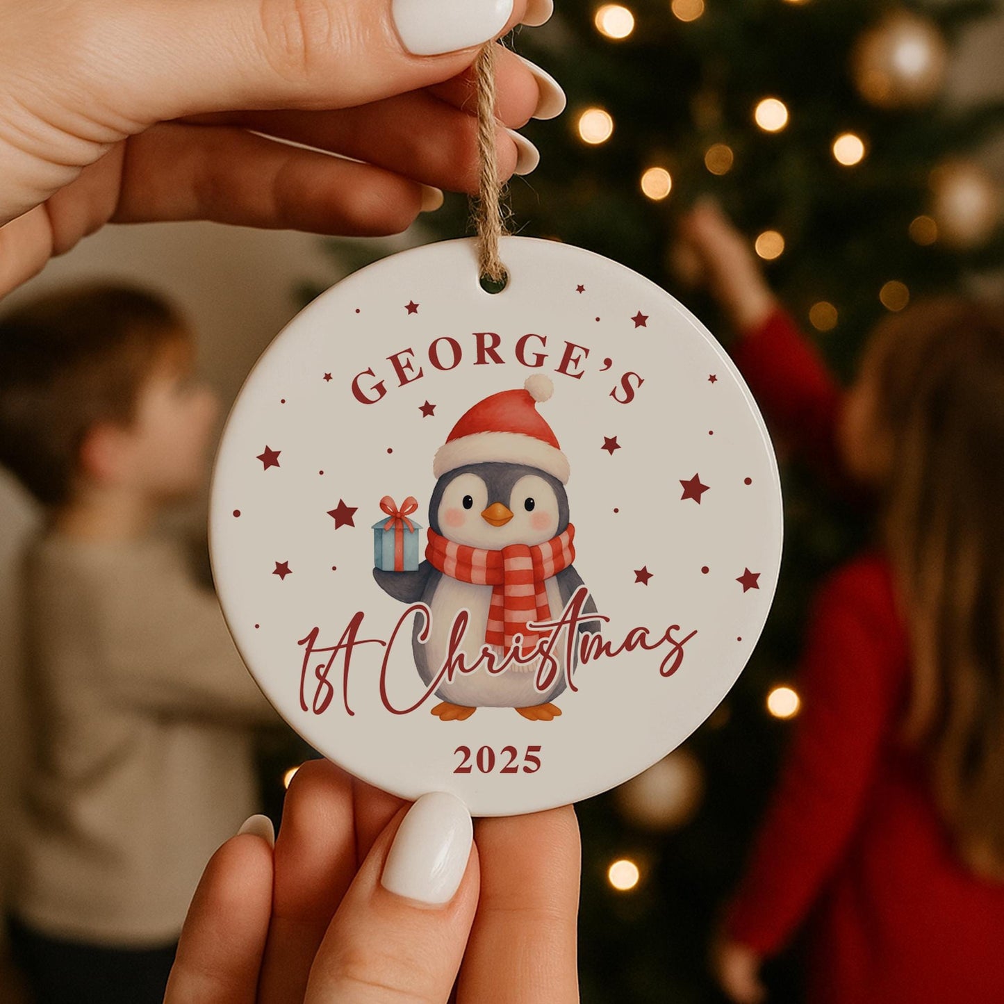 Personalised Babys 1st Christmas Ornament | Custom Name Christmas Tree Bauble | New Baby Gift | Penguin