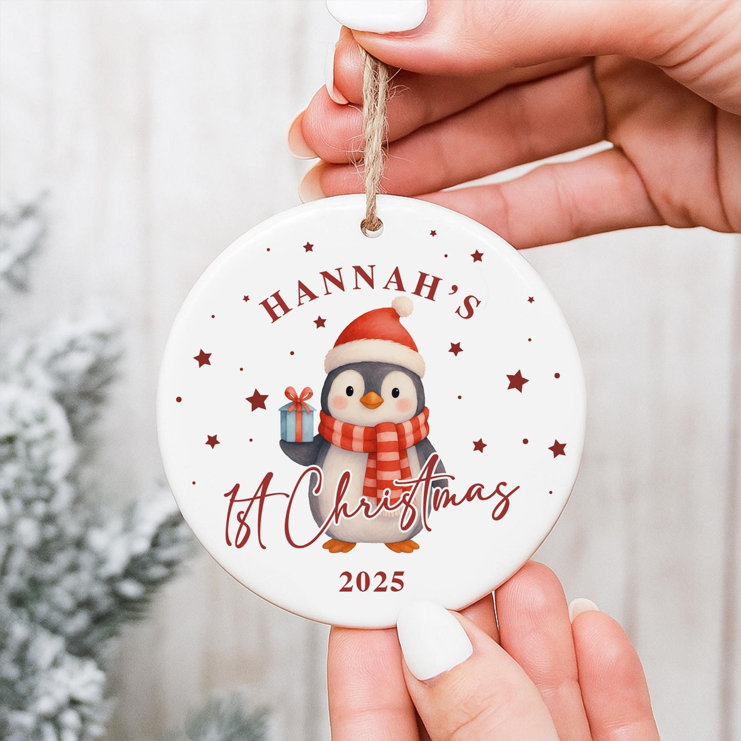 Personalised Babys 1st Christmas Ornament | Custom Name Christmas Tree Bauble | New Baby Gift | Penguin