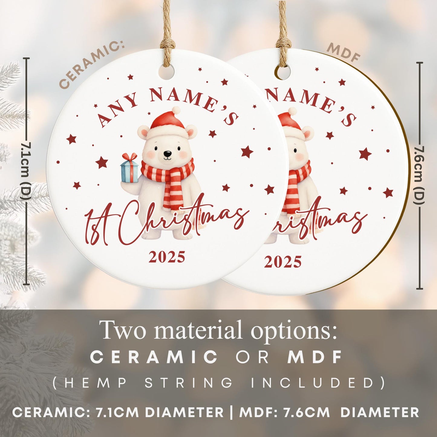 Personalised Babys 1st Christmas Bauble | Custom Name Christmas Decoration | New Baby Keepsake Ornament | Polar Bear