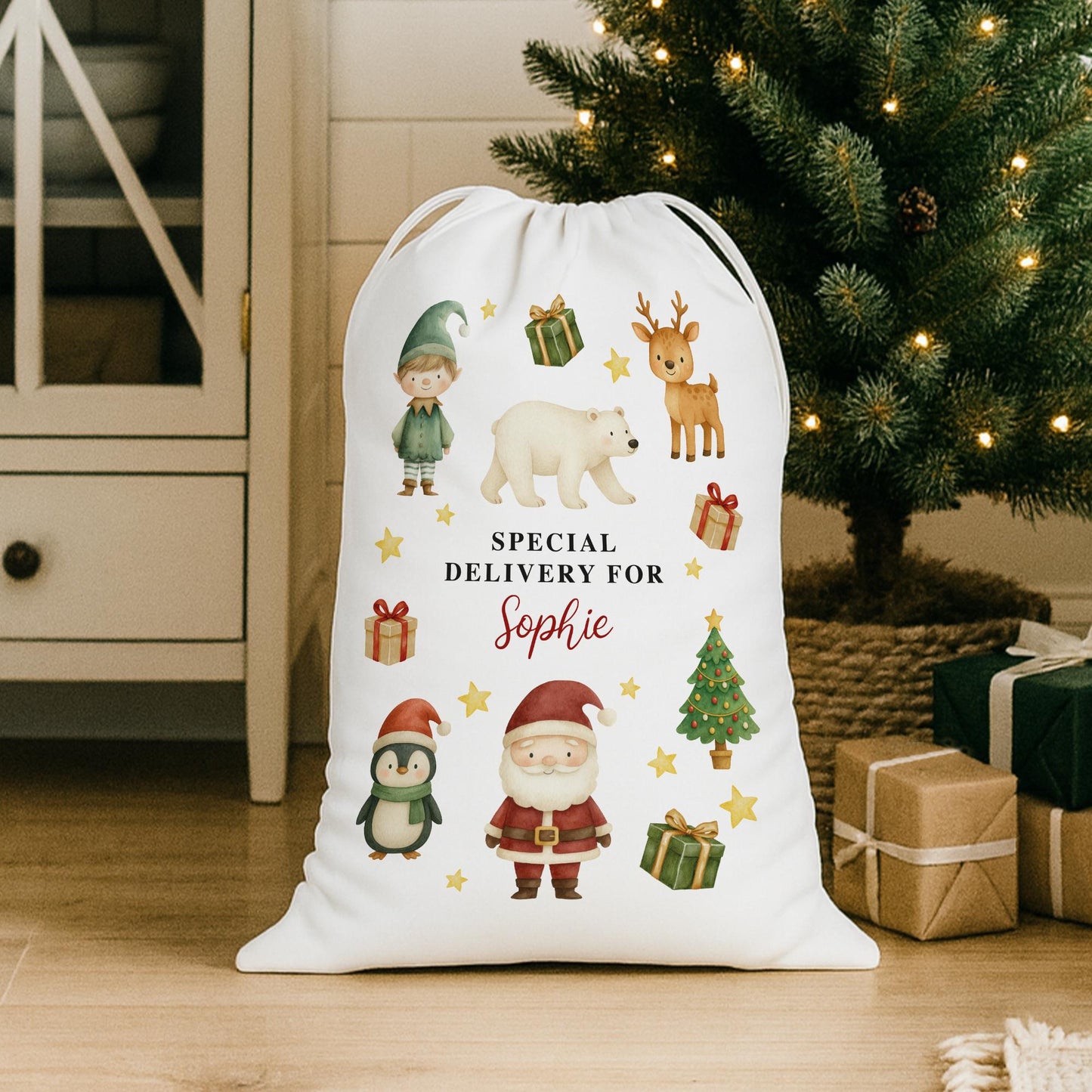 Personalised Christmas Santa Sack with Festive Characters  Custom Name Gift Bag