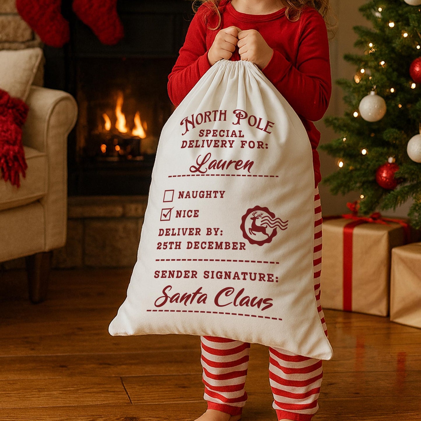 Personalised Special Delivery Stamp Santa Sack  Custom North Pole Post Christmas Gift Bag