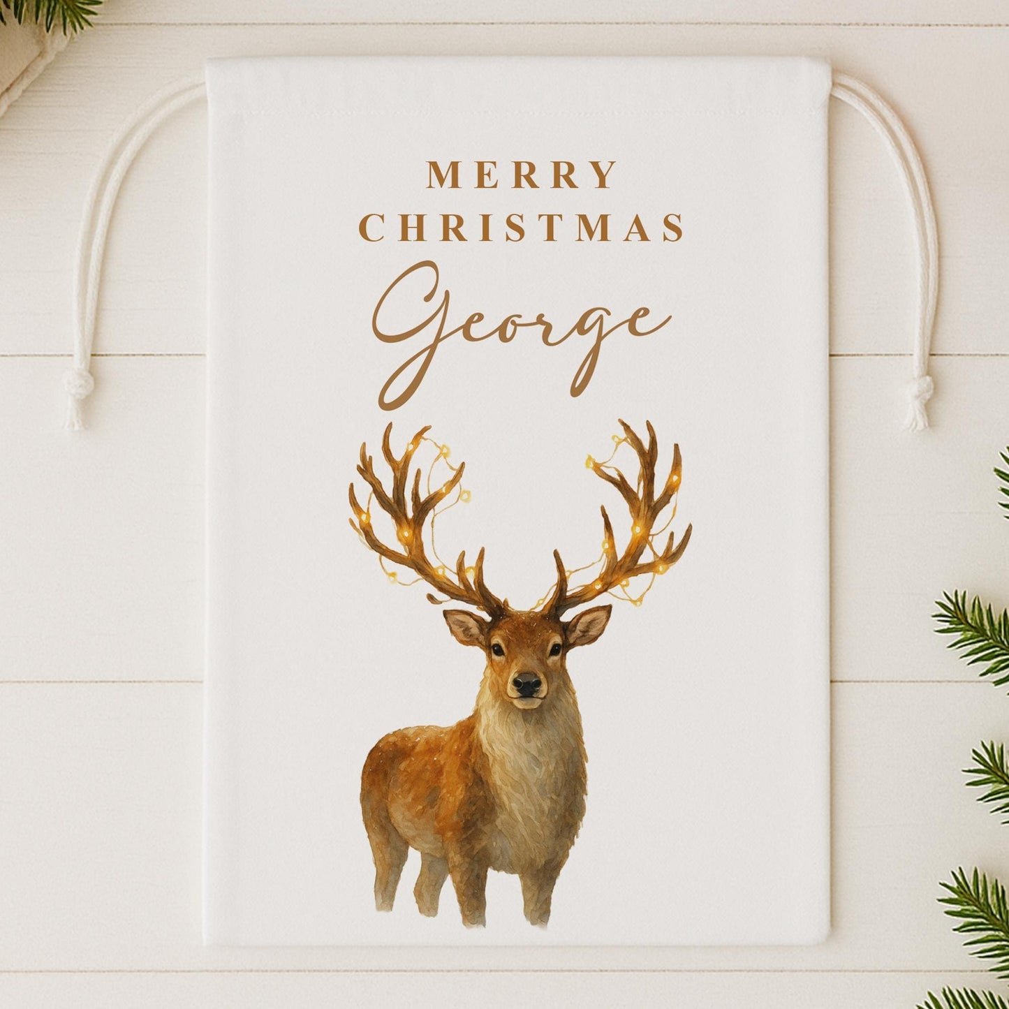 Personalised Christmas Present Sack  Custom Name Rustic Watercolour Reindeer Christmas Gift Bag