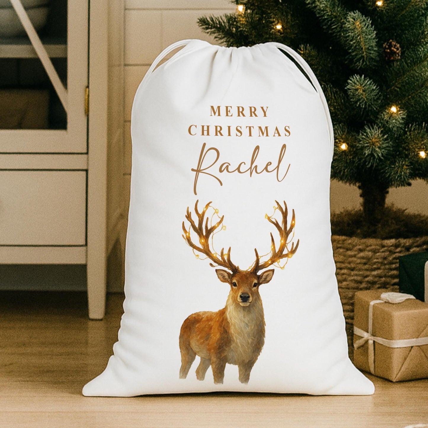 Personalised Christmas Present Sack  Custom Name Rustic Watercolour Reindeer Christmas Gift Bag