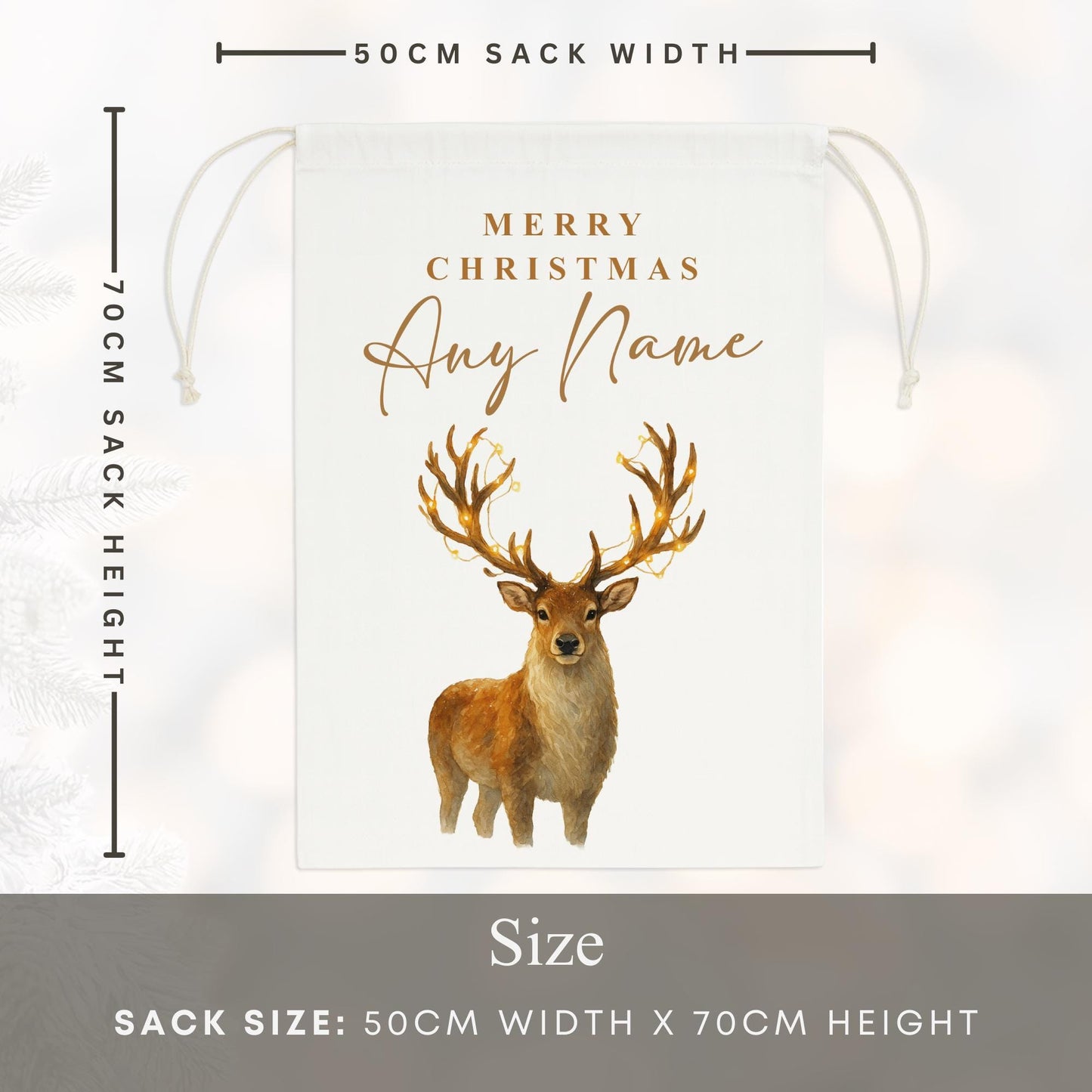 Personalised Christmas Present Sack  Custom Name Rustic Watercolour Reindeer Christmas Gift Bag