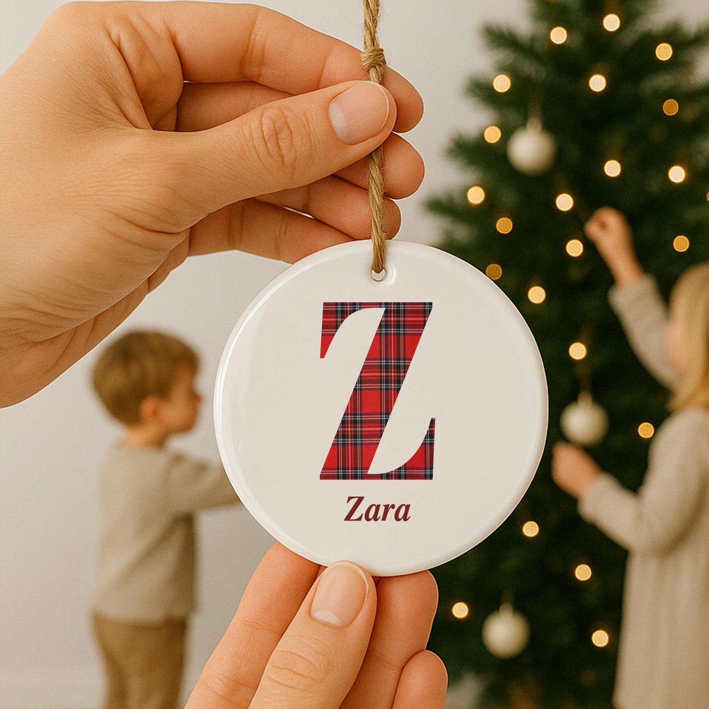 Personalised Tartan Monogram Christmas Bauble  Name & Initial Ceramic Ornament | Custom Tree Decoration