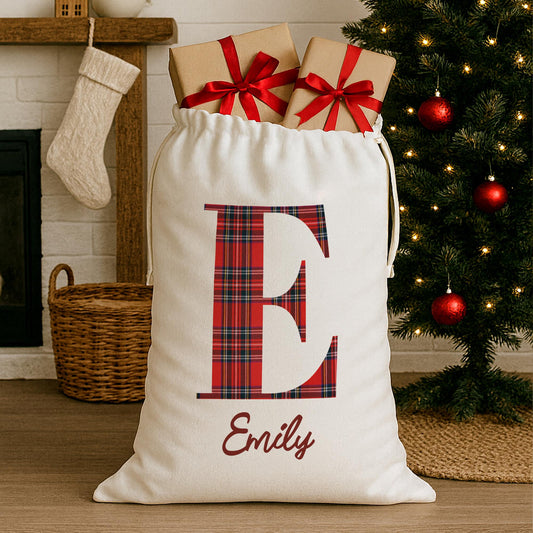 Personalised Christmas Present Sack with Tartan Monogram  Custom Initial & Name Gift Bag  Santa Sack