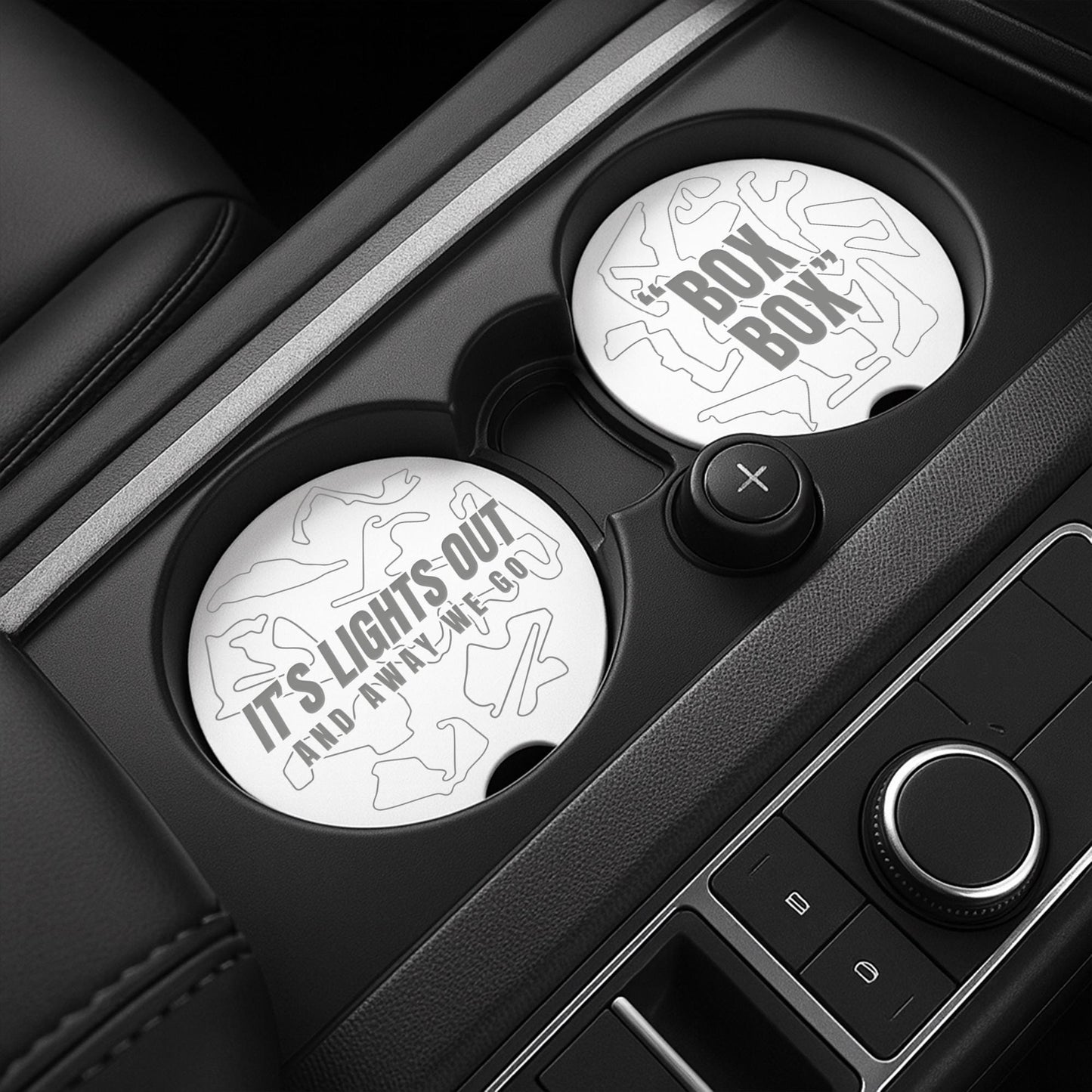 F1 Track Car Coasters Set for Cup Holders | Box Box & Lights Out | Formula 1 Gift