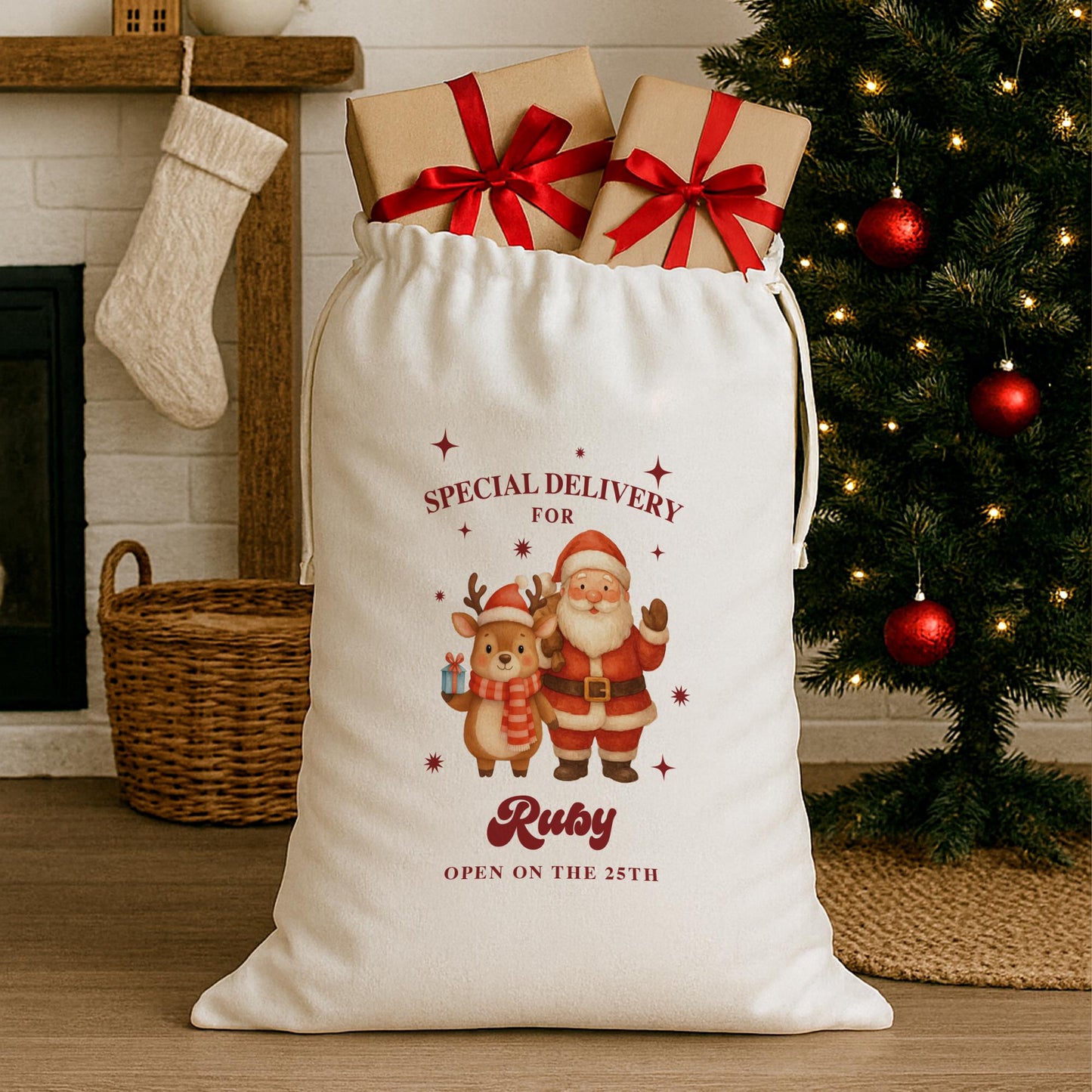 Personalised Santa Sack | Custom Special Delivery Reindeer & Santa Gift Bag