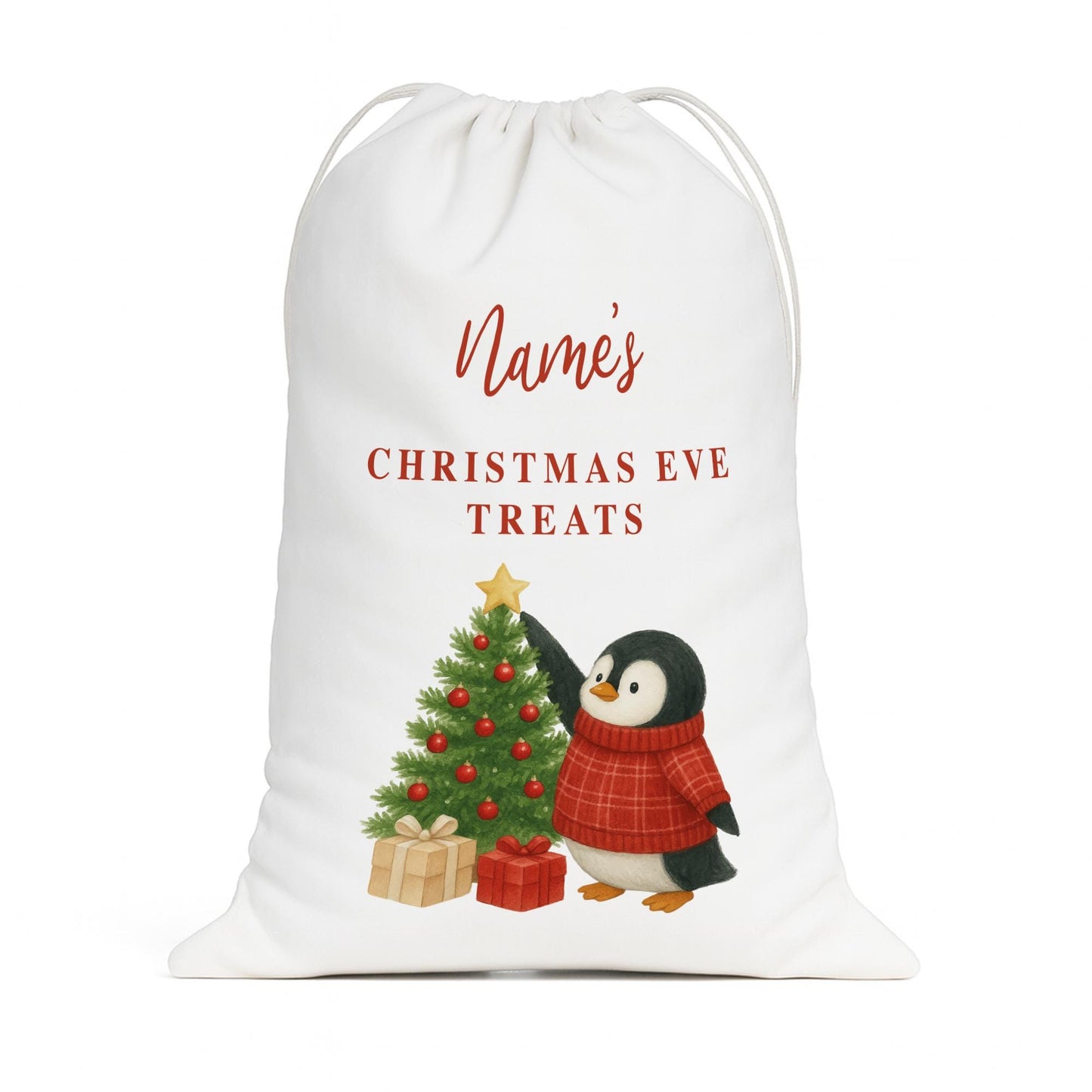 Personalised Christmas Eve Sack | Penguin Christmas Gift Bag with Custom Name
