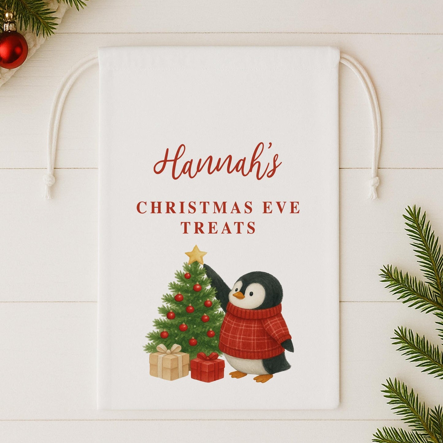 Personalised Christmas Eve Sack | Penguin Christmas Gift Bag with Custom Name