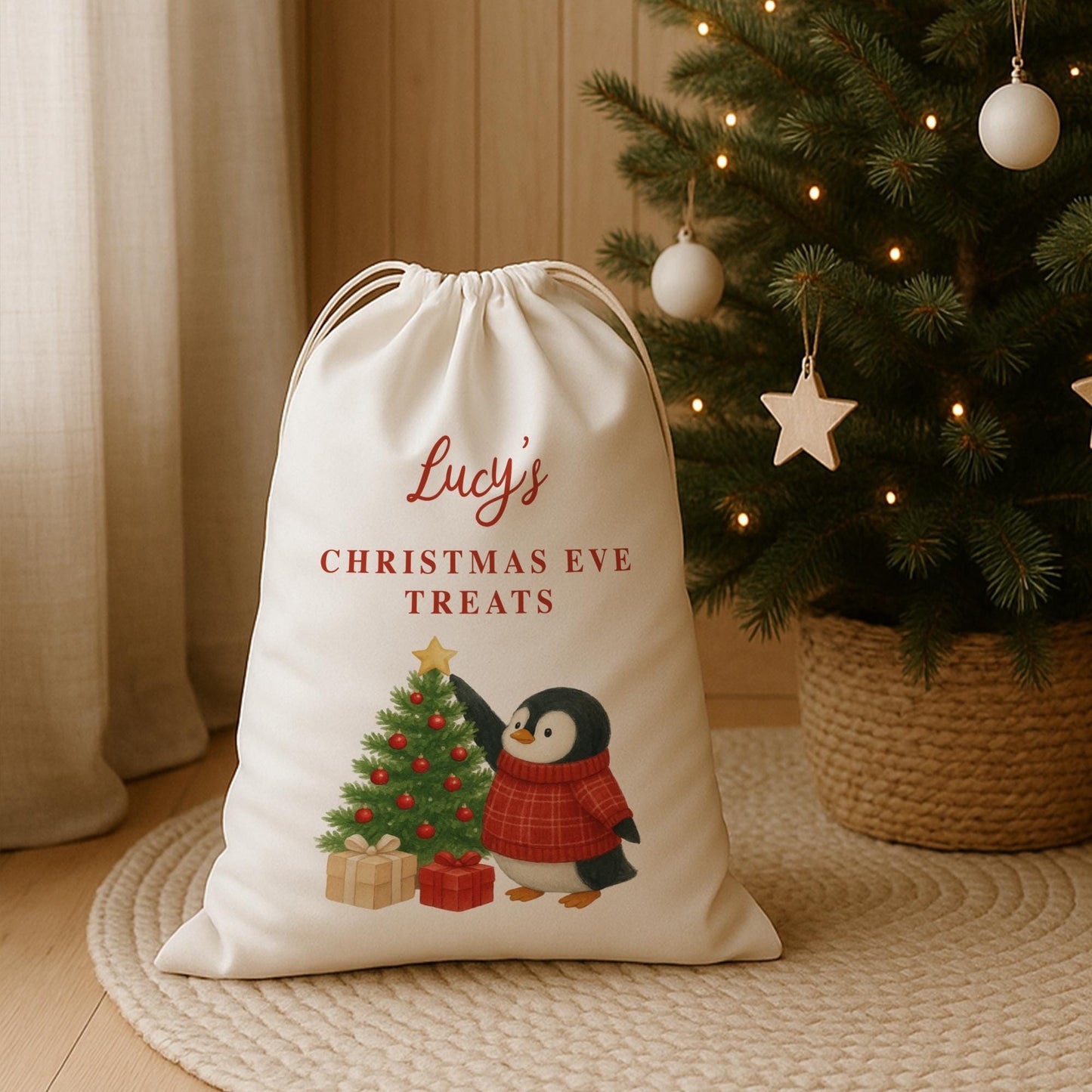 Personalised Christmas Eve Sack | Penguin Christmas Gift Bag with Custom Name