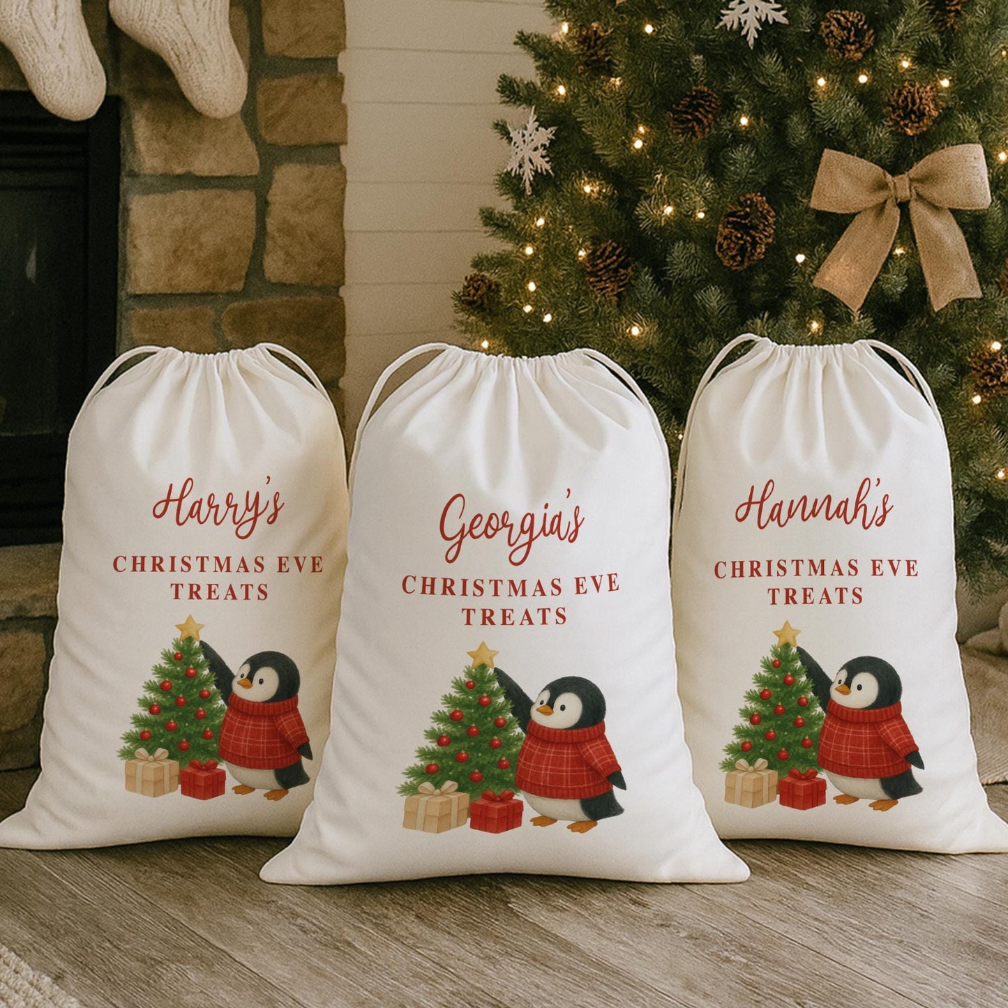 Personalised Christmas Eve Sack | Penguin Christmas Gift Bag with Custom Name