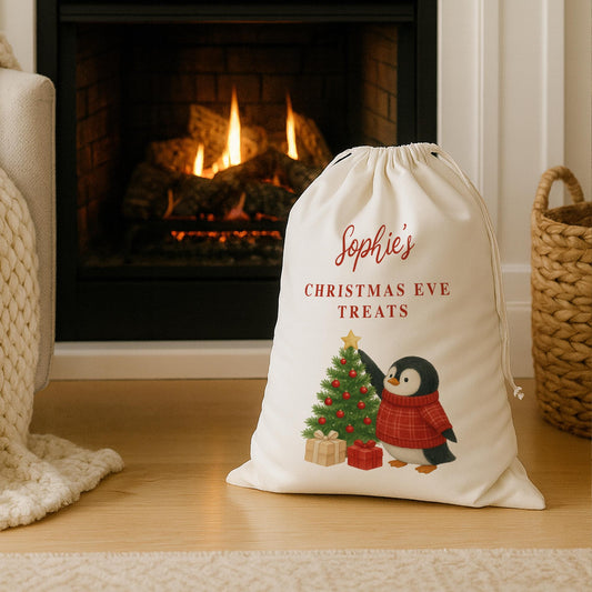 Personalised Christmas Eve Sack | Penguin Christmas Gift Bag with Custom Name