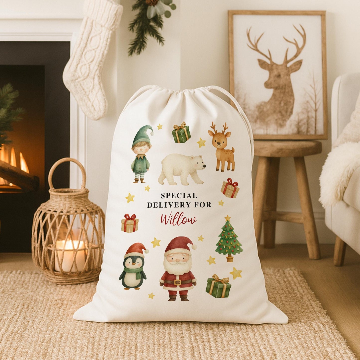 Personalised Christmas Santa Sack with Festive Characters  Custom Name Gift Bag