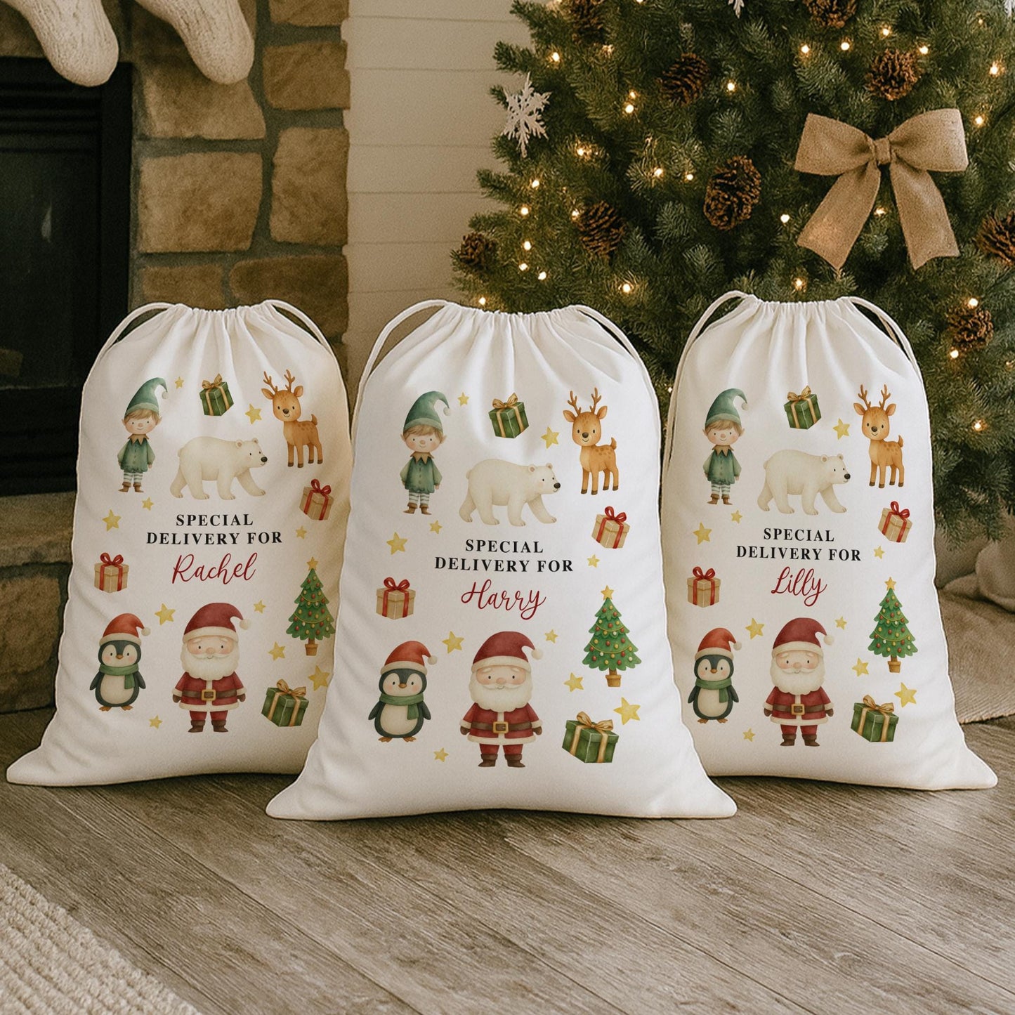 Personalised Christmas Santa Sack with Festive Characters  Custom Name Gift Bag
