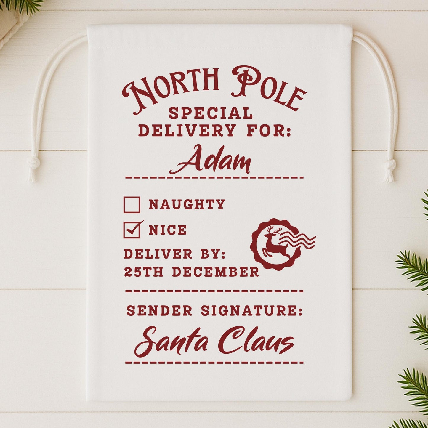 Personalised Special Delivery Stamp Santa Sack  Custom North Pole Post Christmas Gift Bag