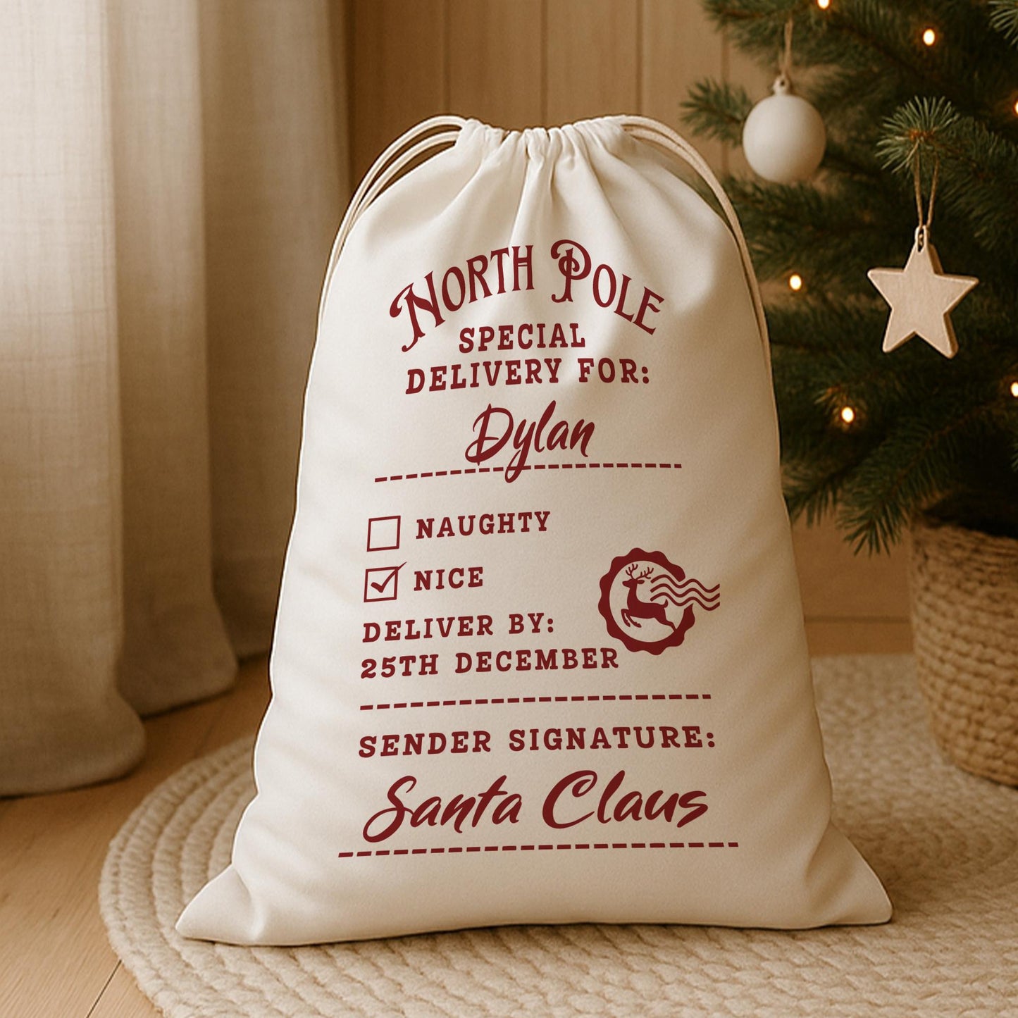 Personalised Special Delivery Stamp Santa Sack  Custom North Pole Post Christmas Gift Bag
