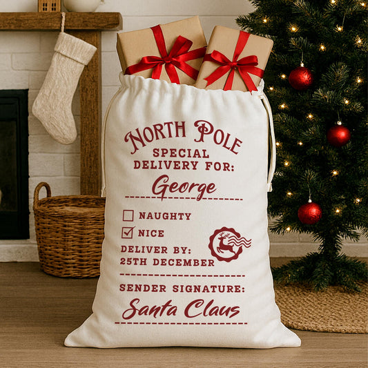 Personalised Special Delivery Stamp Santa Sack  Custom North Pole Post Christmas Gift Bag