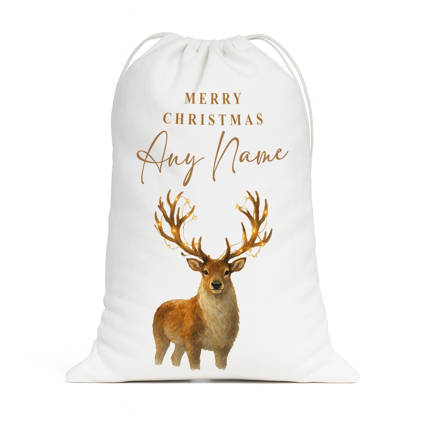 Personalised Christmas Present Sack  Custom Name Rustic Watercolour Reindeer Christmas Gift Bag