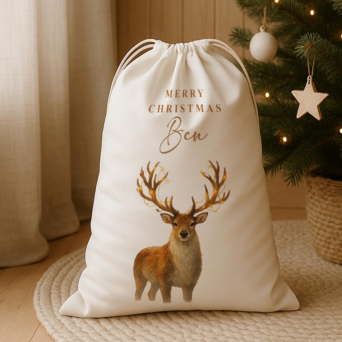 Personalised Christmas Present Sack  Custom Name Rustic Watercolour Reindeer Christmas Gift Bag