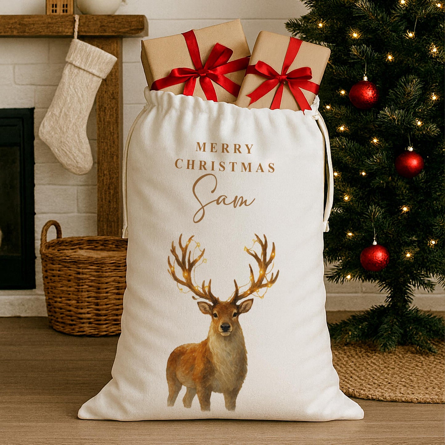 Personalised Christmas Present Sack  Custom Name Rustic Watercolour Reindeer Christmas Gift Bag