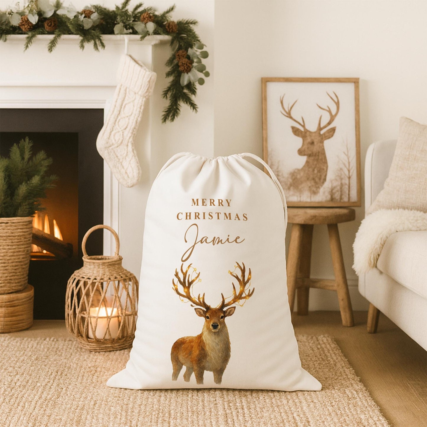 Personalised Christmas Present Sack  Custom Name Rustic Watercolour Reindeer Christmas Gift Bag