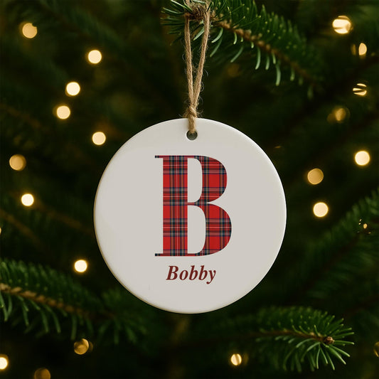 Personalised Tartan Monogram Christmas Bauble  Name & Initial Ceramic Ornament | Custom Tree Decoration