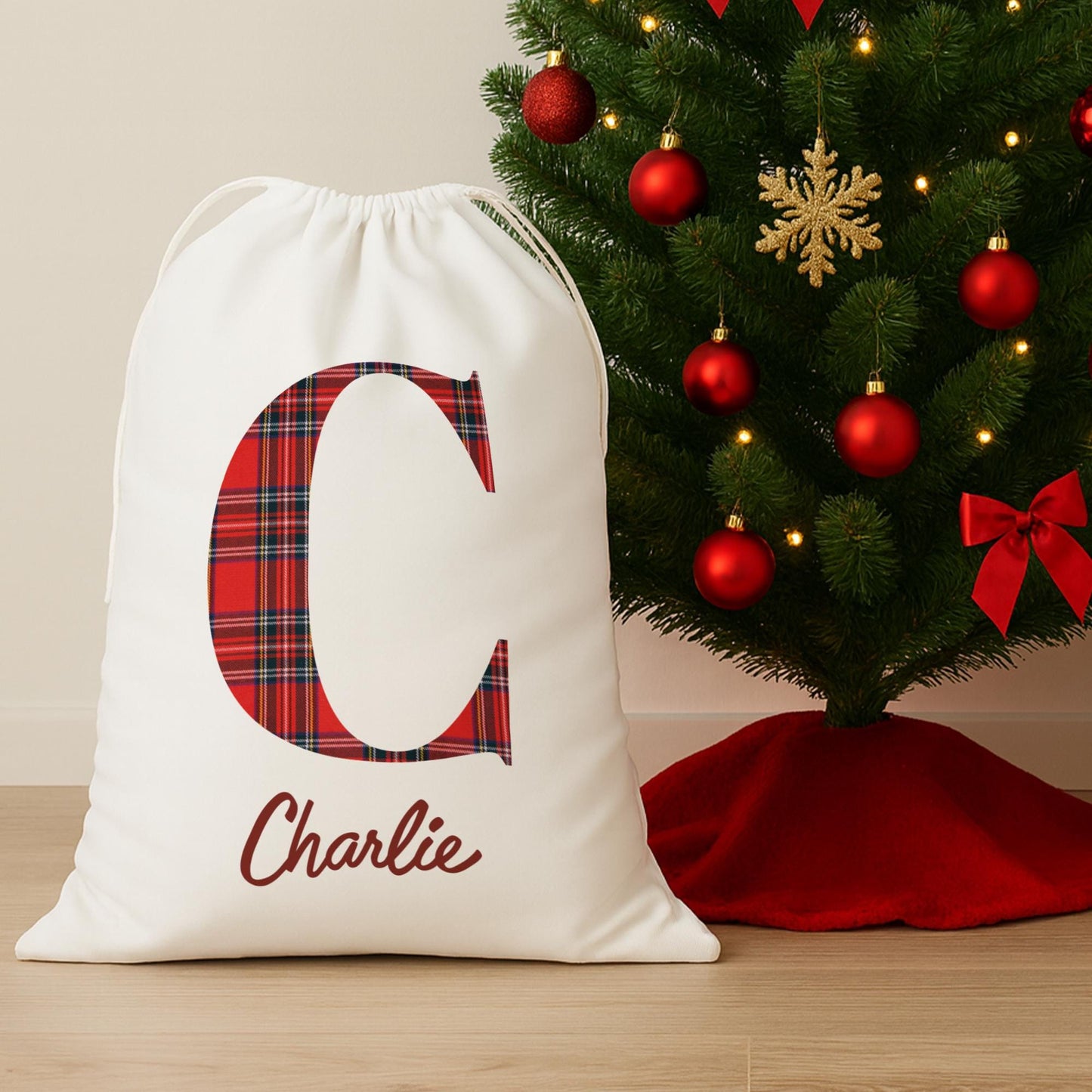 Personalised Christmas Present Sack with Tartan Monogram  Custom Initial & Name Gift Bag  Santa Sack