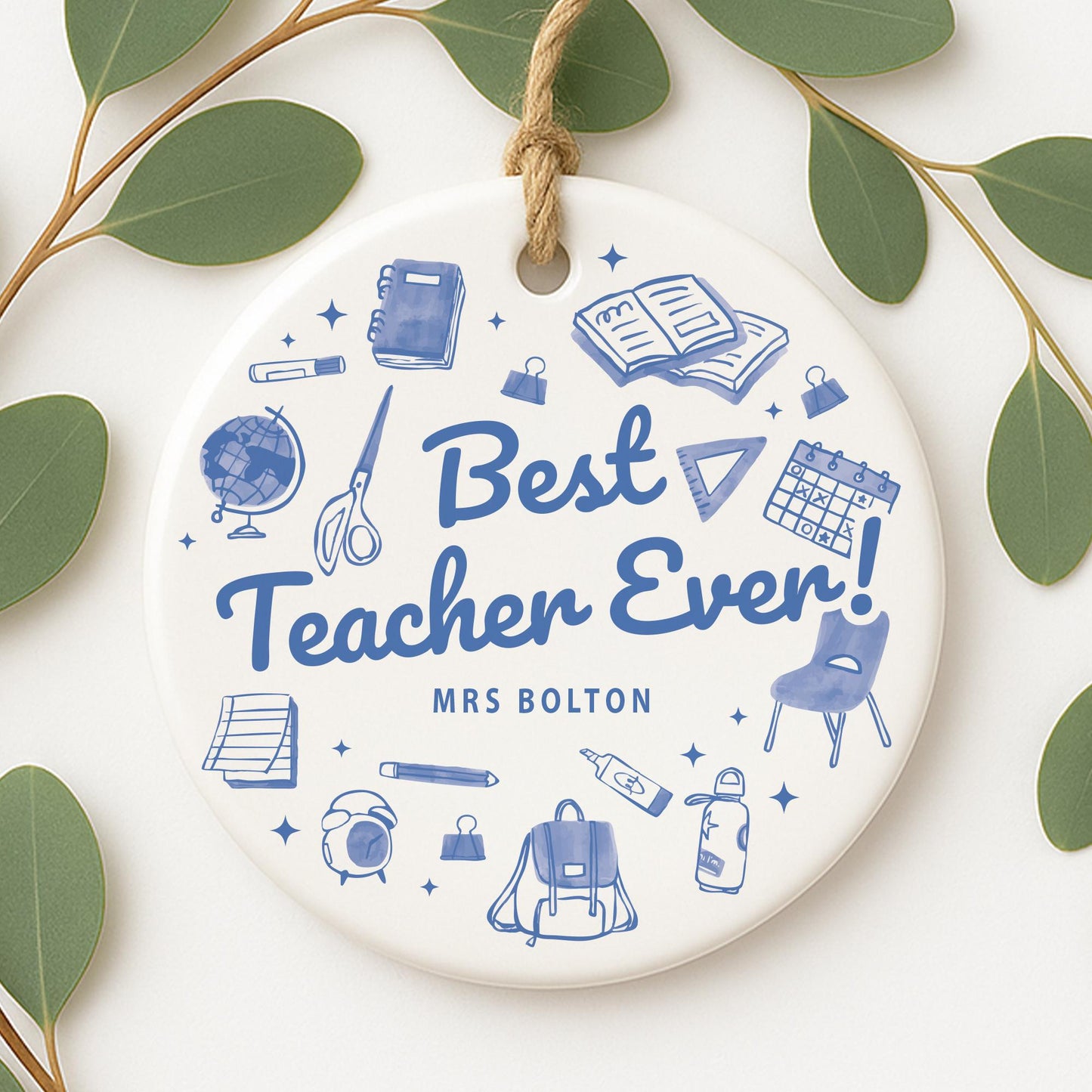 Thank You Teacher Gift  Personalised Blue Doodle Ornament with Name for Teacher Appreciation