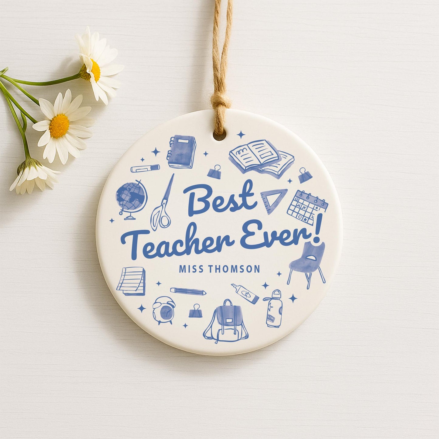 Thank You Teacher Gift  Personalised Blue Doodle Ornament with Name for Teacher Appreciation